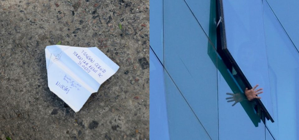 Tiró un avión de papel desde el hotel donde está aislado para pedir comida para su nena de 3 años