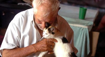 Escondieron a su gato en un bolso para llevarlo al hospital y que su dueño lo viera antes de morir