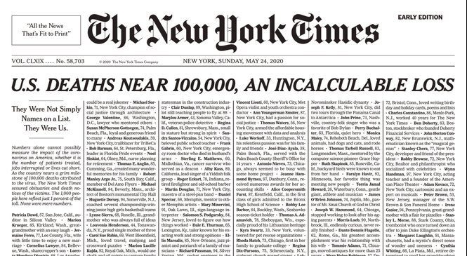 La impactante tapa del New York Times sobre los muertos en Estados Unidos por COVID-19: “Son una pérdida incalculable”
