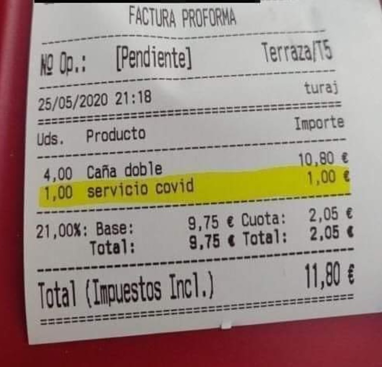 Un bar cobró a su cliente un plus por el “servicio covid”, generando desconfianza e indignación