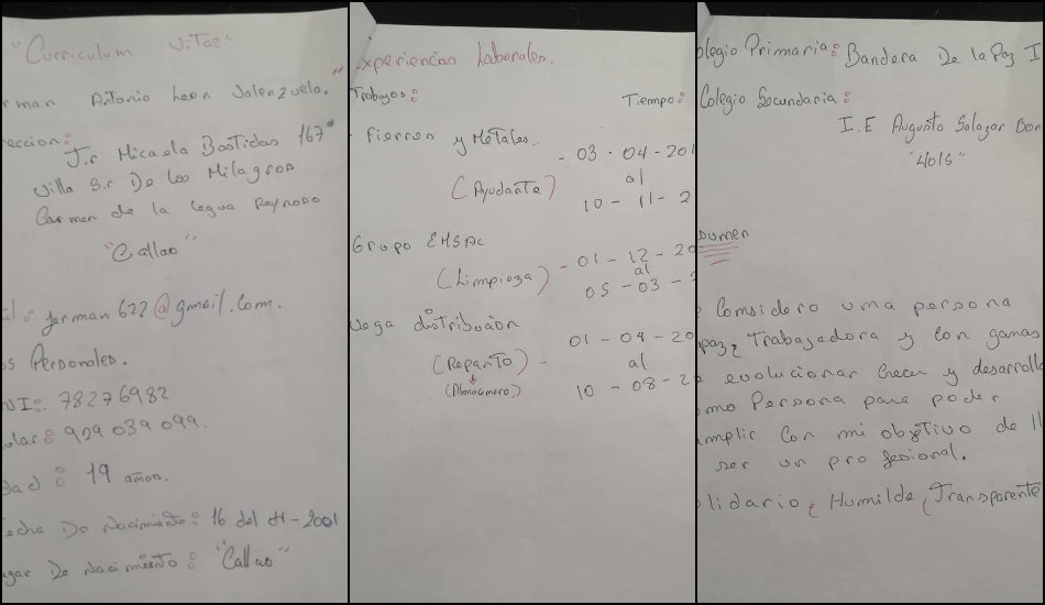 Tiene 19 años y redactó su CV a mano para conseguir un trabajo: “Mi objetivo es ser profesional”