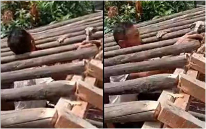 Un albañil construyó un techo con madera y quedó atrapado en él